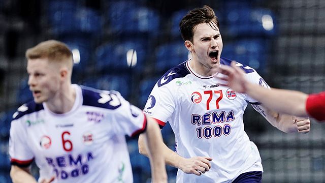 Norges Magnus Abelvik Rød jubler i VM-kampen i håndball  for menn mellom Norge og Nord-Makedonia i Tauron arena.