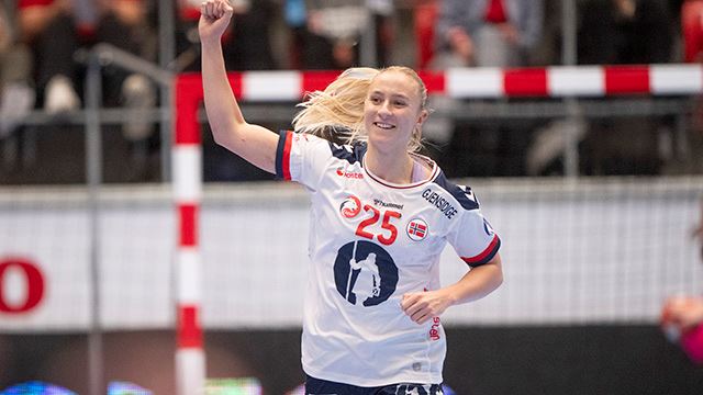 Norway's Henny Reistad reacts after scoring during the handball match between the Netherlands and Norway in the Golden League tournament in Holstebro, Denmark on Saturday, November 23, 2024.