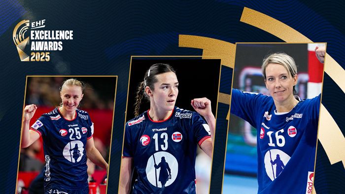 Henny Reistad, Kari Brattset Dale (x 2) og Katrine Lunde er alle på årets lag. Foto: NTB 202506011 EHF All star team.jpg