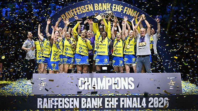 Metz' players celebrate with the trophy after winning the EHF Women's Handball Champions League final match between Gyori Audi ETO KC and Metz Handball in Budapest on June 7, 2026. (Photo by Attila KISBENEDEK / AFP)