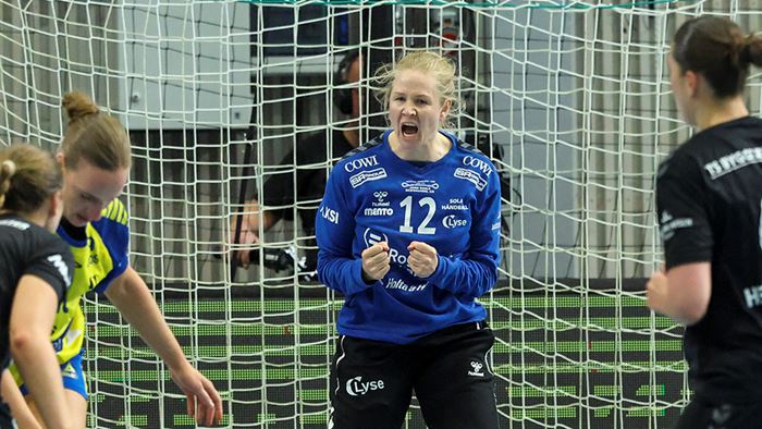 Hamar 20260528. 
Solas keeper Rikke Marie Granlund under sluttspillfinalen i håndball mellom Storhamar og Sola i Obos arena på Hamar.
Foto: Geir Olsen / NTB