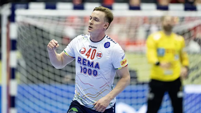 Norway's August Pedersen reacts after scoring during the men's handball match between Spain and Norway in EHF Euro 2026 group B at Jyske Bank Boxen in Herning, Thursday, January 22, 2026. (Photo: Bo Amstrup/Ritzau Scanpix)
