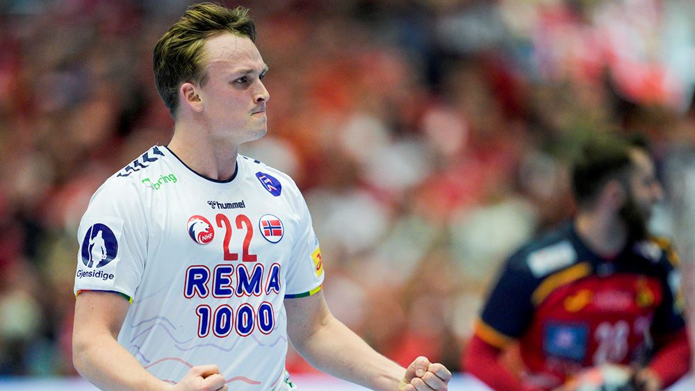 Herning, Danmark 20260122. 
Norges Tobias Grøndahl jubler under EM-kampen i håndball mellom Spania og Norge i Boxen arena i Herning.
Foto: Stian Lysberg Solum / NTB