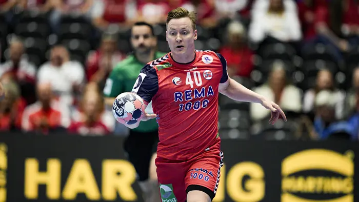 Herning, Danmark 20260126. 
August Baskår Pedersen under EM-kampen i håndball mellom Portugal og Norge i Boxen arena i Herning.
Foto: Stian Lysberg Solum / NTB