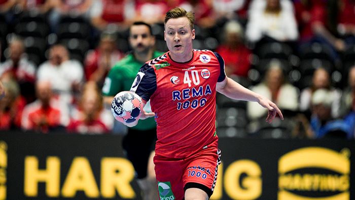 Herning, Danmark 20260126. 
August Baskår Pedersen under EM-kampen i håndball mellom Portugal og Norge i Boxen arena i Herning.
Foto: Stian Lysberg Solum / NTB