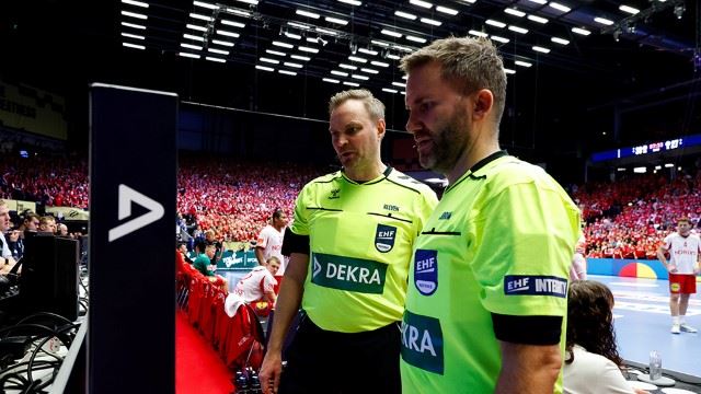 Havard KLEVEN (referee) and Lars JORUM (referee), SF2 - Denmark vs Iceland, EHF Men's Euro 2026, Herning, Denmark, 30.01.2026, Mandatory Credit © Anze Malovrh / kolektiff