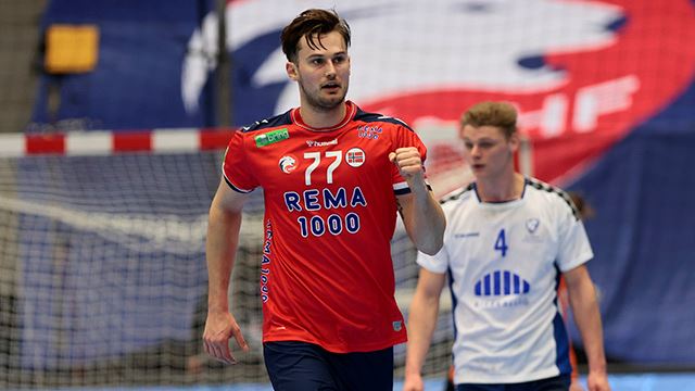 Magnus Abelvik Rød spilte en god kamp og scoret fem mål for Norge Gjøvik 20230430.
under EM-kvalifiseringskampen i håndball mellom Norge og Finland i Gjøvik Fjellhall.
Foto: Geir Olsen / NTB
