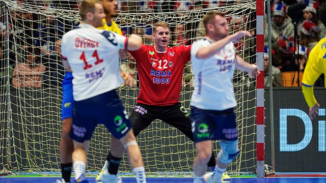 Trondheim 20230107.
Norges keeper Kristian Sæverås under håndballandskampen mellom Norge og Brasil i Gjensidige Cup i Trondheim Spektrum lørdag.
Foto: Håkon Mosvold Larsen / NTB