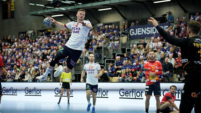 Sotra 20231105.
Sebastian Hein Barthold under håndballkampen i Golden League Gjensidige Cup mellom Norge og Spania i Sotra Arena.
Foto: Stian Lysberg Solum / NTB