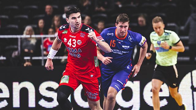 Simen Lyse gjorde en god kamp mot Nederland for Norge med fem scoringer. Foto: DHF/Dejan Obretkovic 20240106 Lyse.jpg