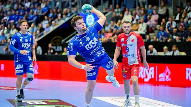 Theodor Svensgård ble Nærbøs toppscorer med åtte mål. Stavanger, Norway 20230603.
Nærbøs Theodor Svensgård i Europacup finalen i håndball for herrer mellom Nærbø og Vojvodina i DNB Arena i Stavanger.
Foto: Carina Johansen / NTB
