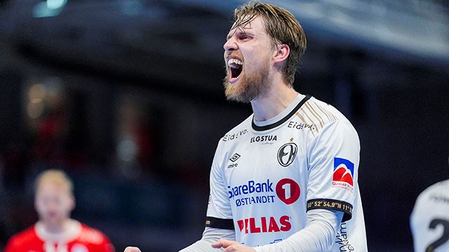 Trondheim 20240529.
Elverums Simen Søgaard under tredje og siste finale i sluttspillet i håndball mellom Kolstad og Elverum i Kolstad Arena.
Foto: Ole Martin Wold / NTB