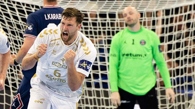 Harald Reinkind jubler etter scoring for THW Kiel i kvartfinalen. Harald Reinkind jubler for THW Kiel