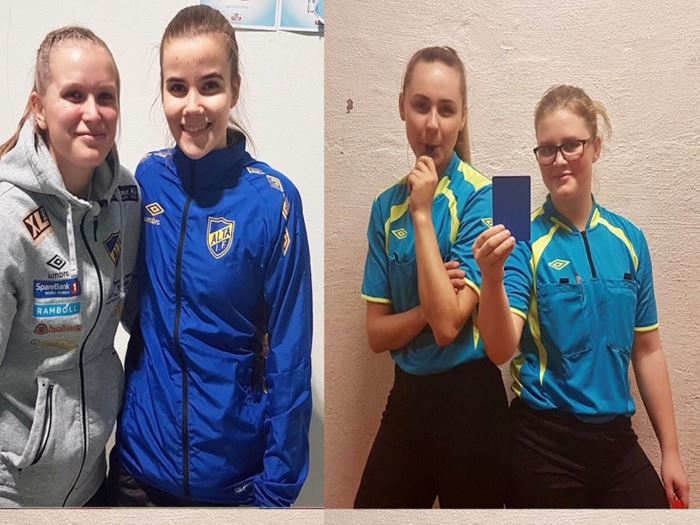 To par 17-18-åringer fra Finnmark som har tatt steg som dommere. F.v.: Helene Stordalen og Johanne Wøhni Hansen - og Ulrikke Rye Josefsen og Otilie Næss. dommere.jpeg